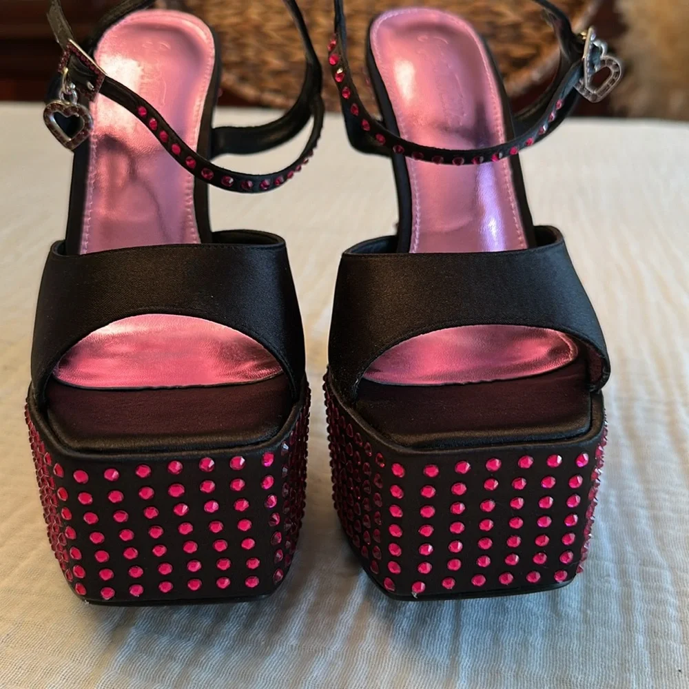 New Dolls Kill Kiss Me Goodnight Satin Platform Heels - Picture 8 of 15